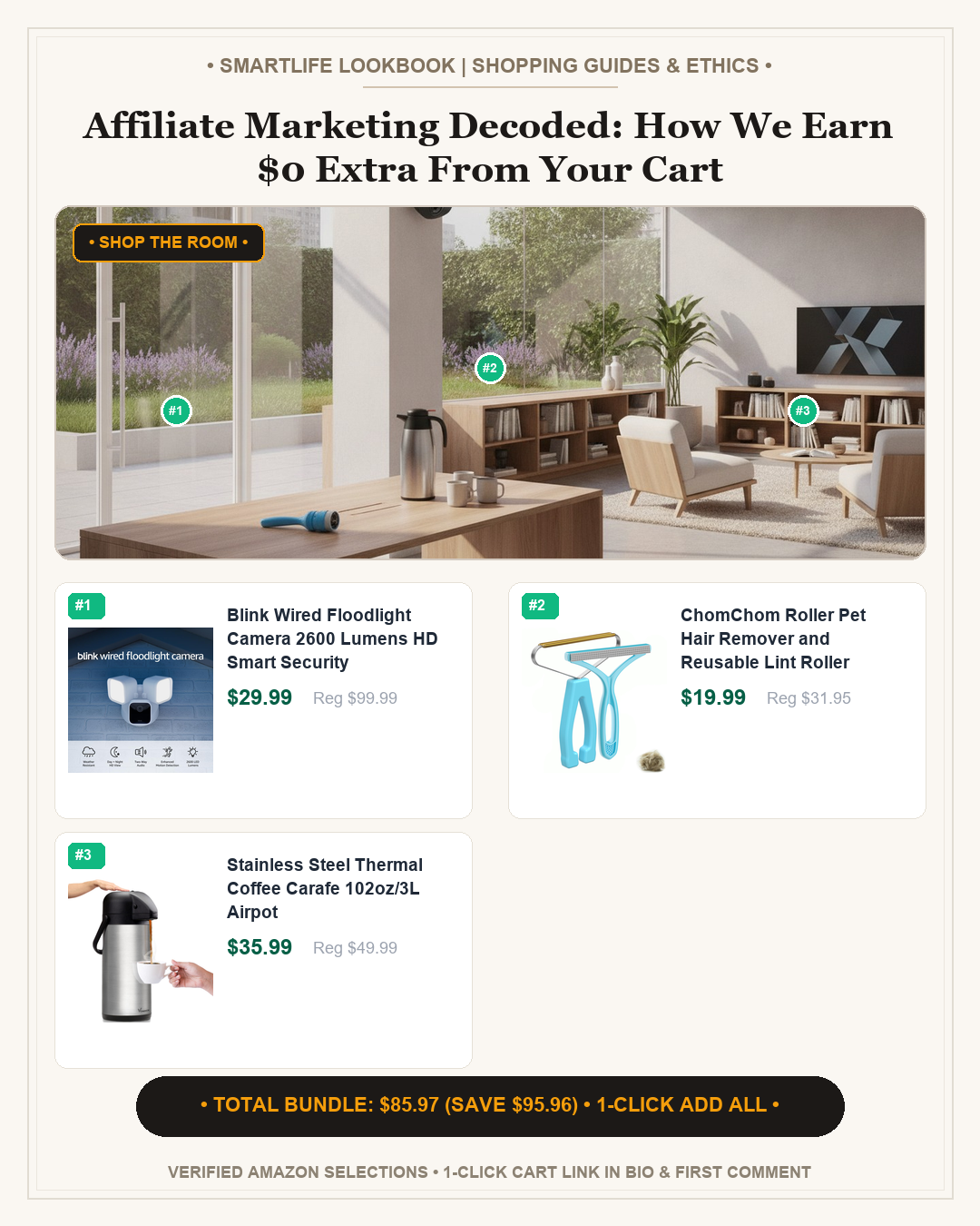 Affiliate Marketing Decoded: How We Earn $0 Extra From Your Cart - Full 4:5 Shop the Room Lookbook Card