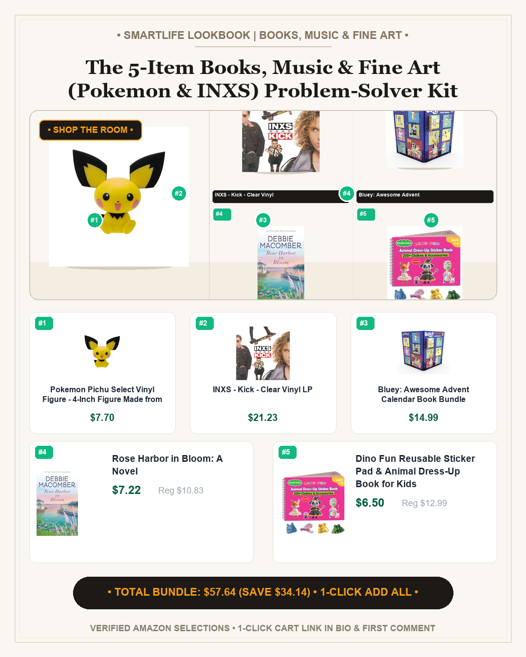 The 5-Item Books, Music & Fine Art (Pokemon & INXS) Problem-Solver Kit - Full 4:5 Shop the Room Lookbook Card