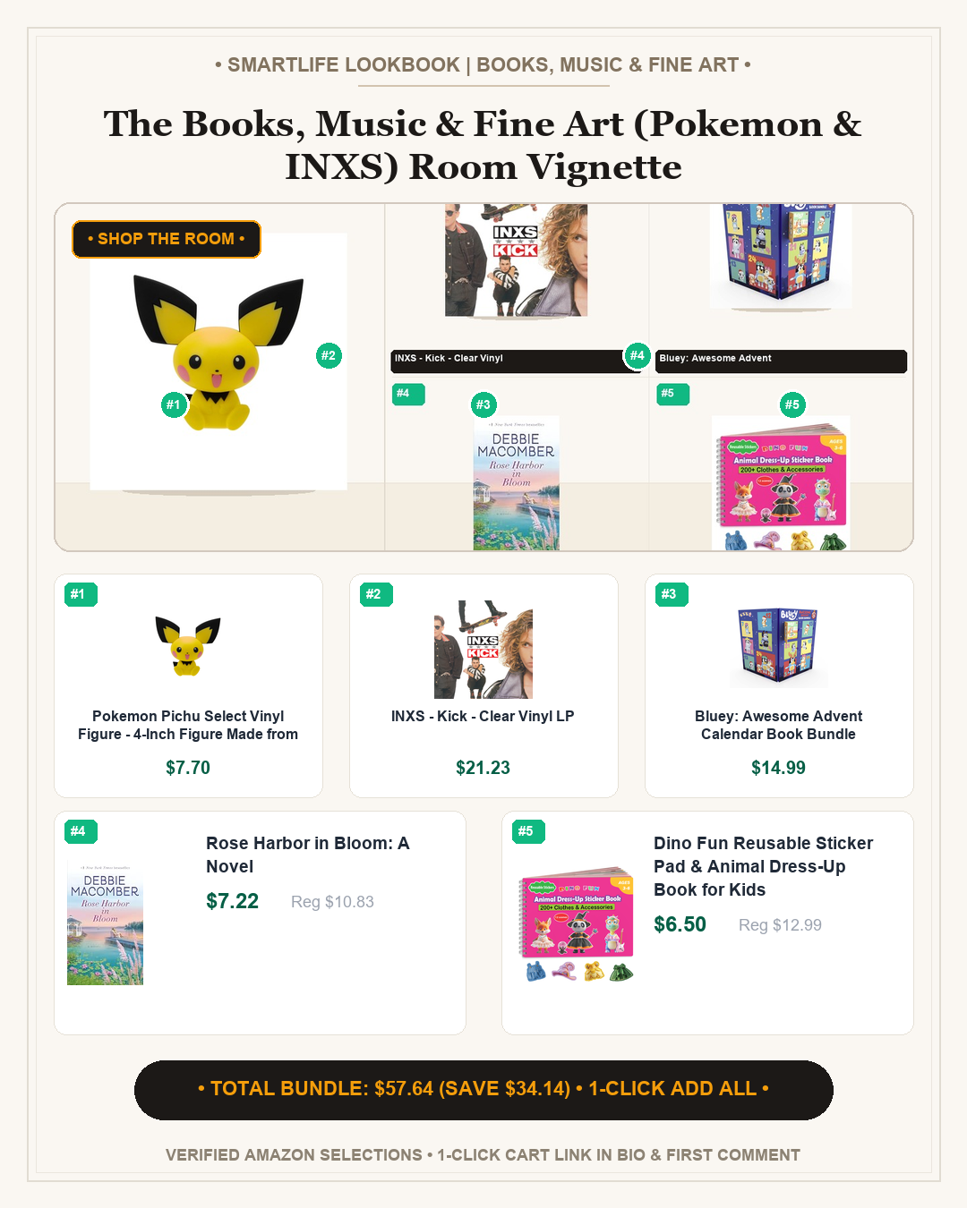 The Books, Music & Fine Art (Pokemon & INXS) Room Vignette - Full 4:5 Shop the Room Lookbook Card