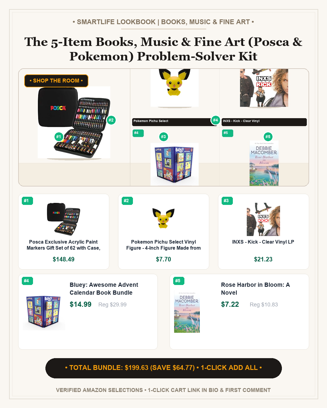 The 5-Item Books, Music & Fine Art (Posca & Pokemon) Problem-Solver Kit - Full Shop the Room Lookbook Card