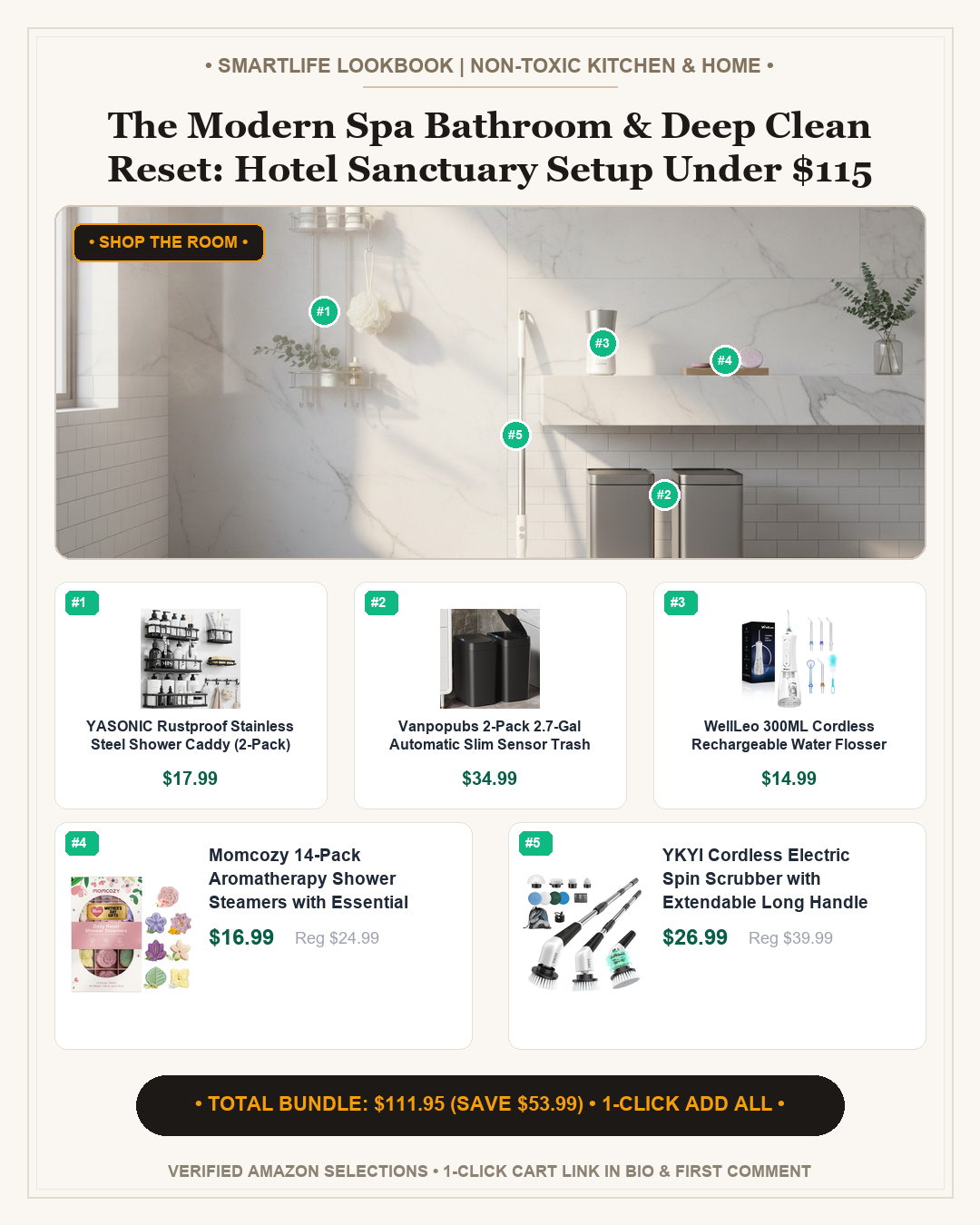 The Modern Spa Bathroom & Deep Clean Reset: Hotel Sanctuary Setup Under $115 - Full Shop the Room Lookbook Card