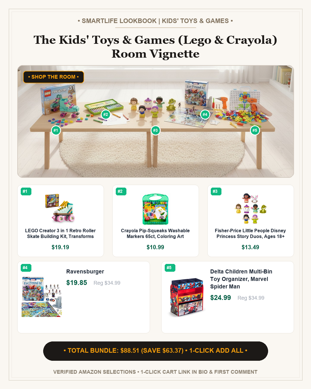 The Kids' Toys & Games (Lego & Crayola) Room Vignette - Full 4:5 Shop the Room Lookbook Card
