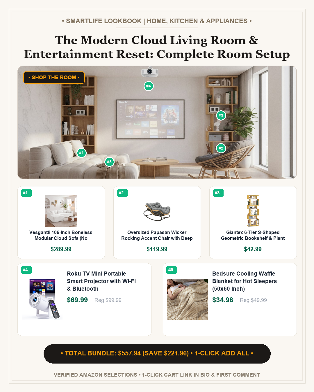 The Modern Cloud Living Room & Entertainment Reset: Complete Room Setup Under $560 - Full 4:5 Shop the Room Lookbook Card