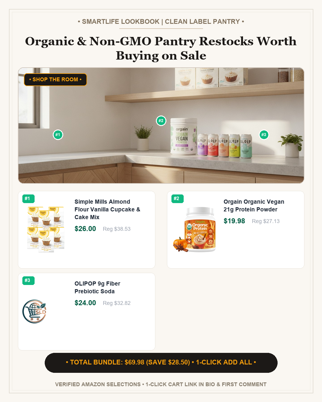 Organic & Non-GMO Pantry Restocks Worth Buying on Sale - Full 4:5 Shop the Room Lookbook Card