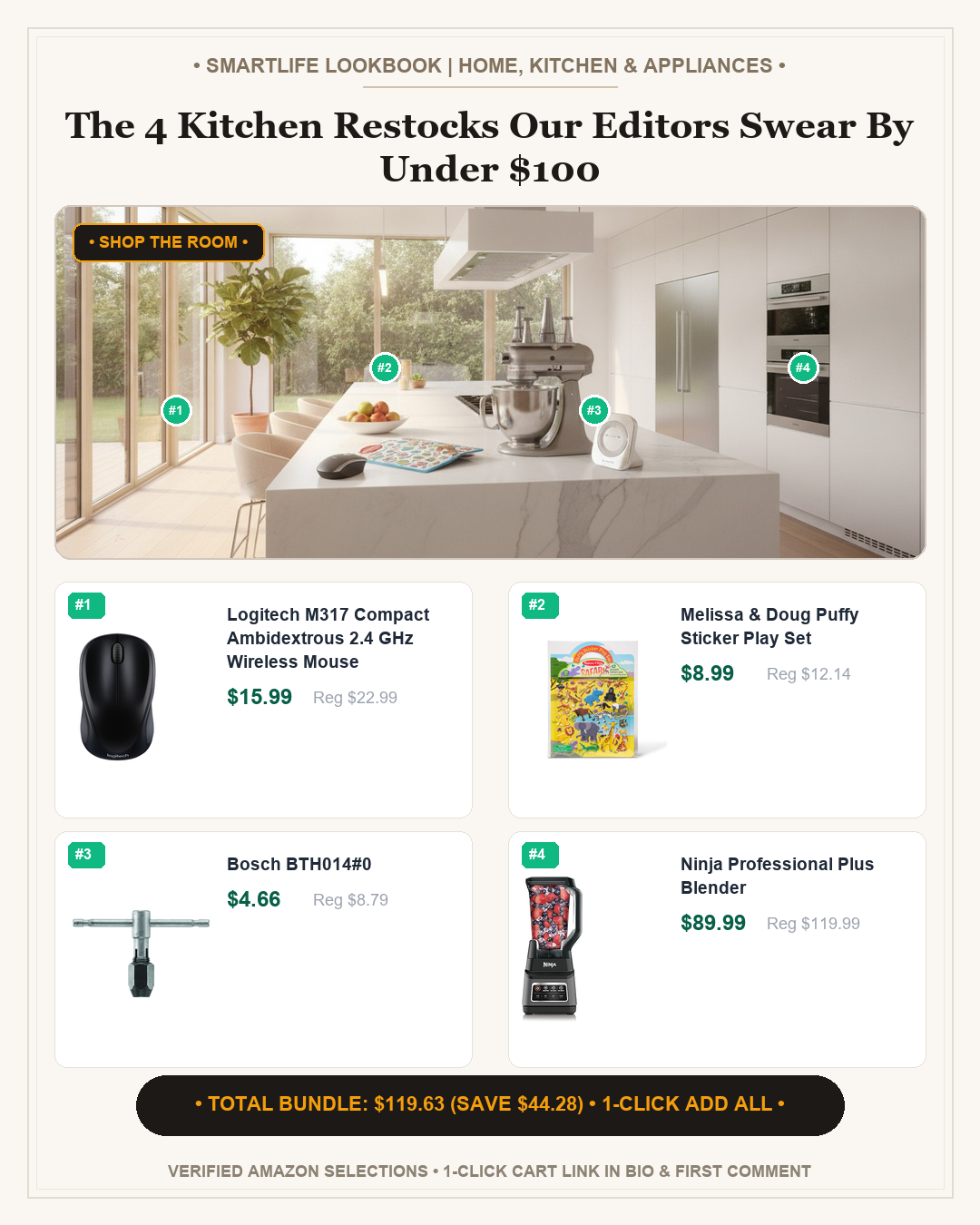 The 4 Kitchen Restocks Our Editors Swear By Under $100 - Full 4:5 Shop the Room Lookbook Card