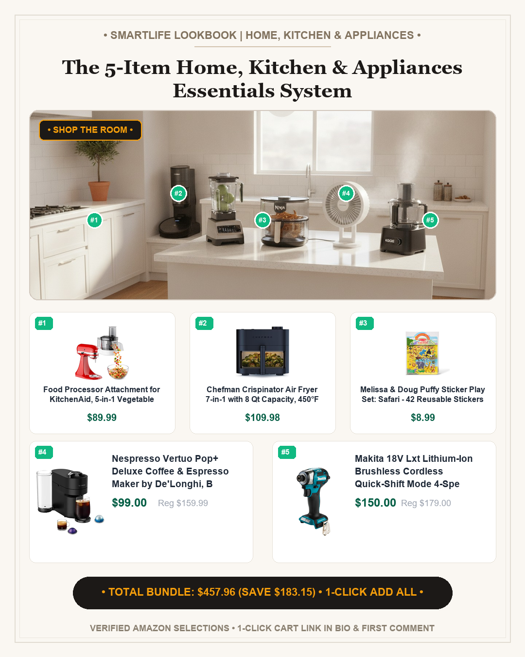 The 5-Item Home, Kitchen & Appliances Essentials System - Full Shop the Room Lookbook Card