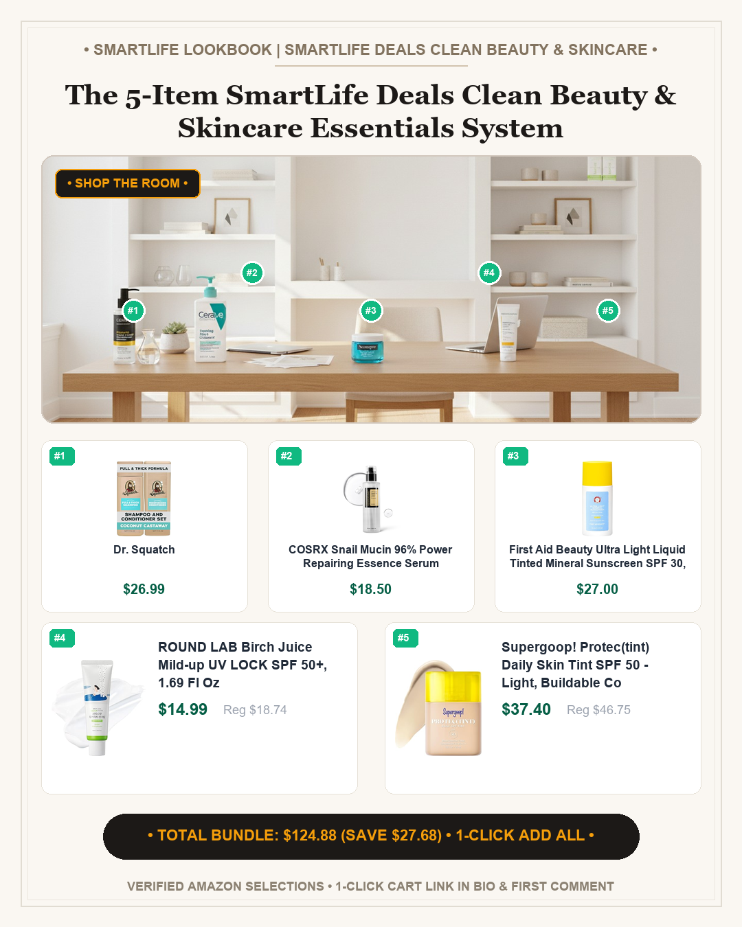 The 5-Item SmartLife Deals Clean Beauty & Skincare Essentials System - Full Shop the Room Lookbook Card