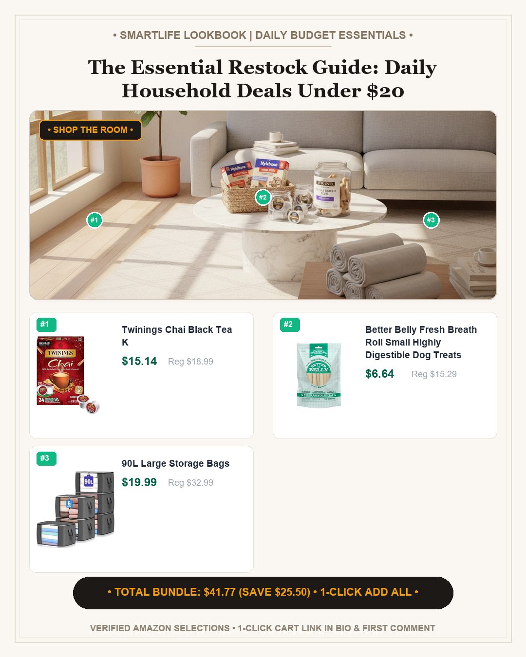 The Essential Restock Guide: Daily Household Deals Under $20 - Full 4:5 Shop the Room Lookbook Card