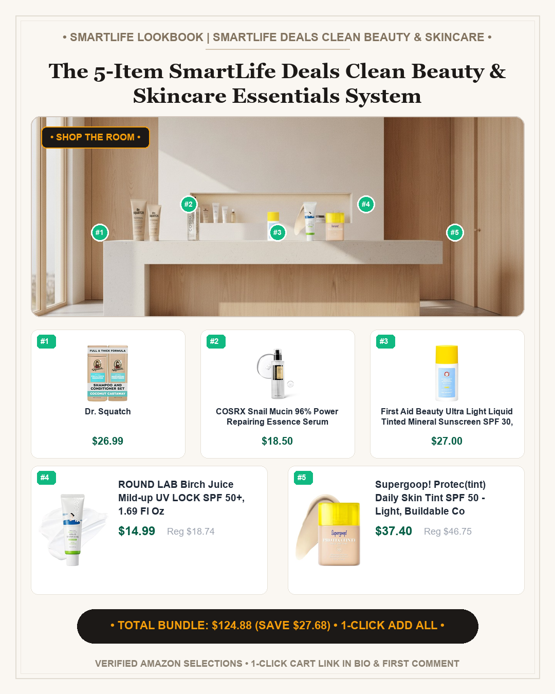 The 5-Item SmartLife Deals Clean Beauty & Skincare Essentials System - Full Shop the Room Lookbook Card