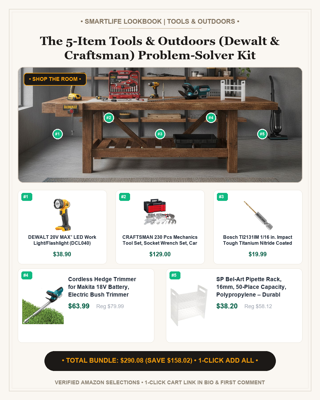 The 5-Item Tools & Outdoors (Dewalt & Craftsman) Problem-Solver Kit - Full Shop the Room Lookbook Card