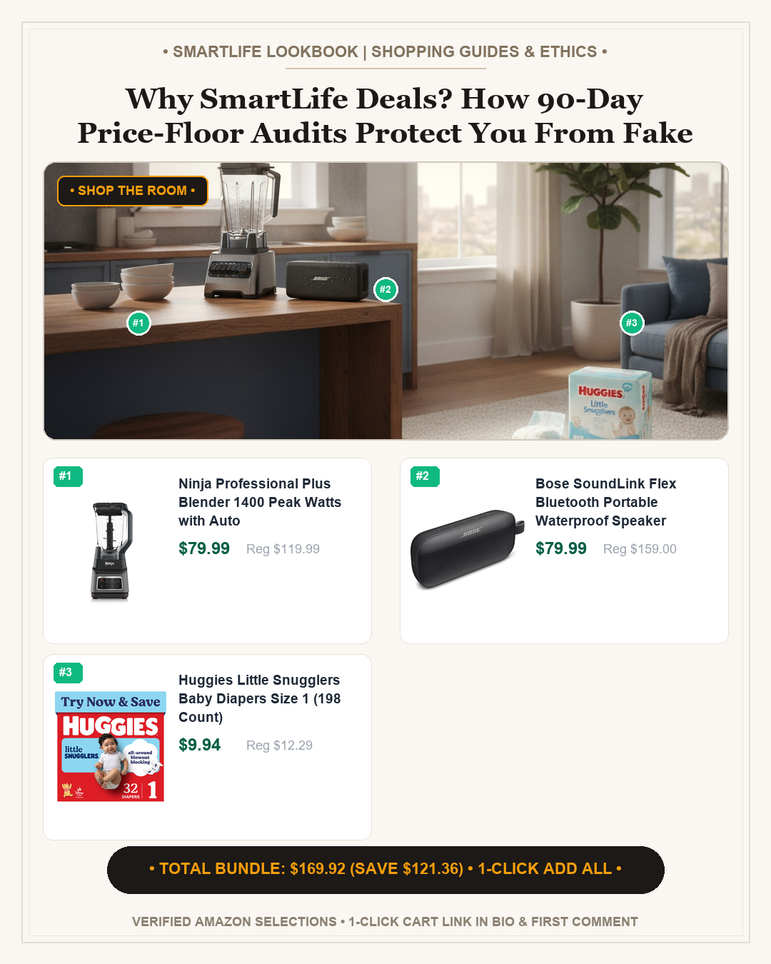 Why SmartLife Deals? How 90-Day Price-Floor Audits Protect You From Fake Markups - Full 4:5 Shop the Room Lookbook Card